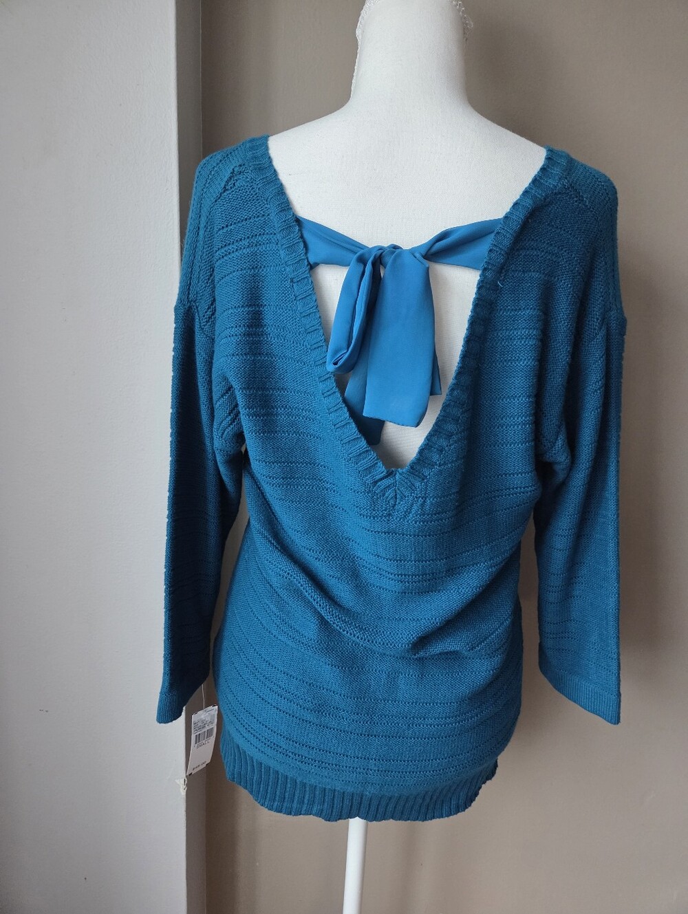 AB Studio Teal Open Back Bow Knit Sweater NWT Size S